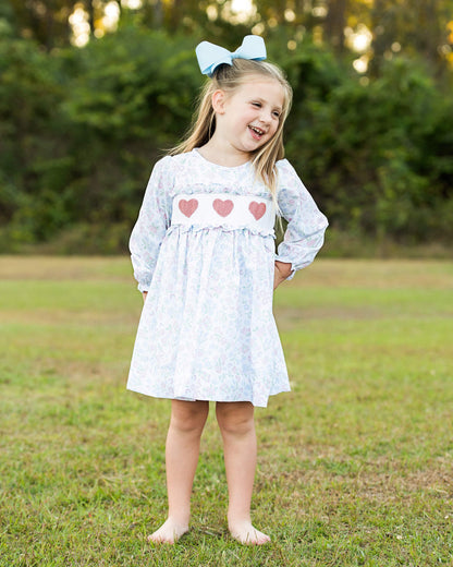 Pink And Blue Floral Smocked Hearts Dress