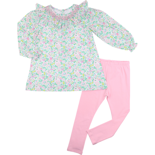 Green And Pink Floral Smocked Legging Set