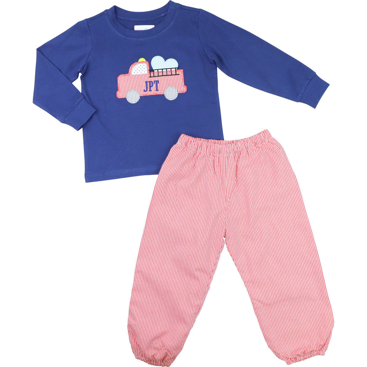 Navy And Red Gingham Applique Valentine Firetruck Pant Set