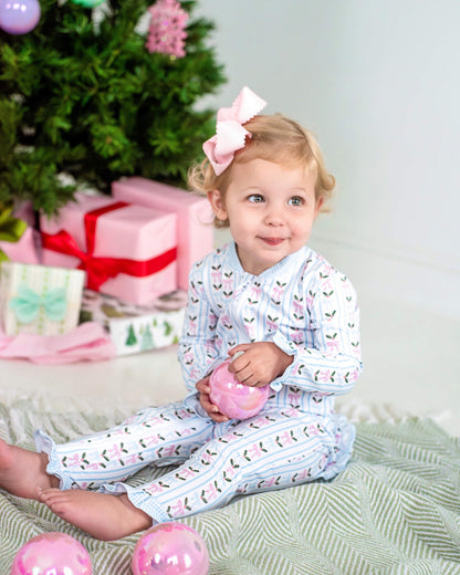 Pink And Blue Holly And Bow Knit Zipper Pajamas