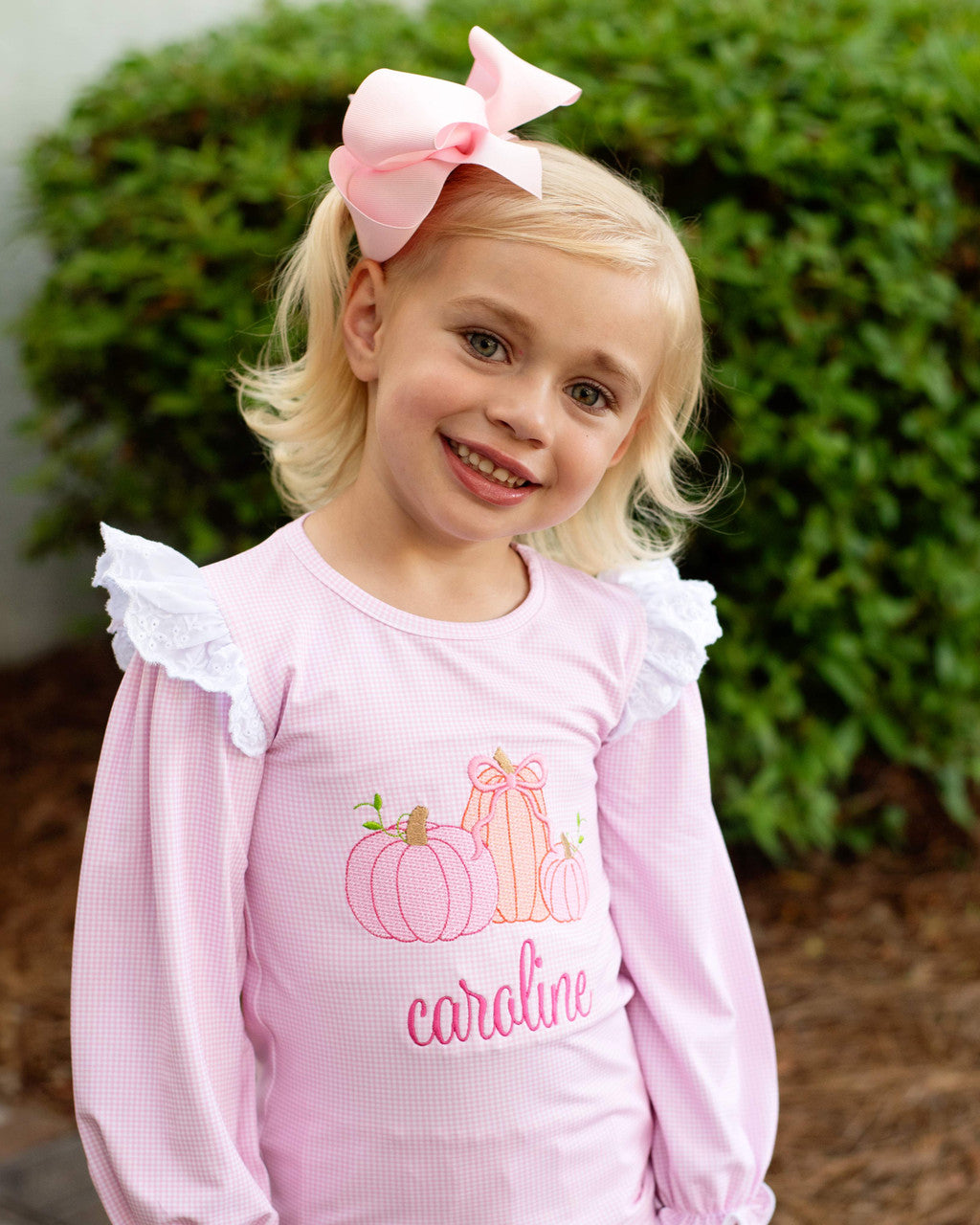 Pink Knit Gingham Embroidered Pumpkin Shirt