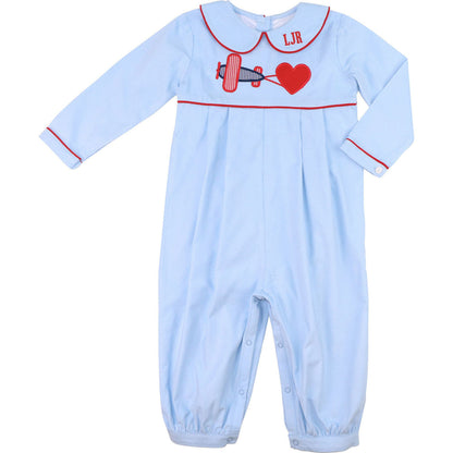 Blue Corduroy Applique Valentine Airplane Long Romper