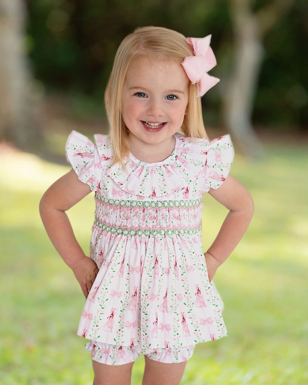 Pink And Green Smocked Bunny And Bow Diaper Set