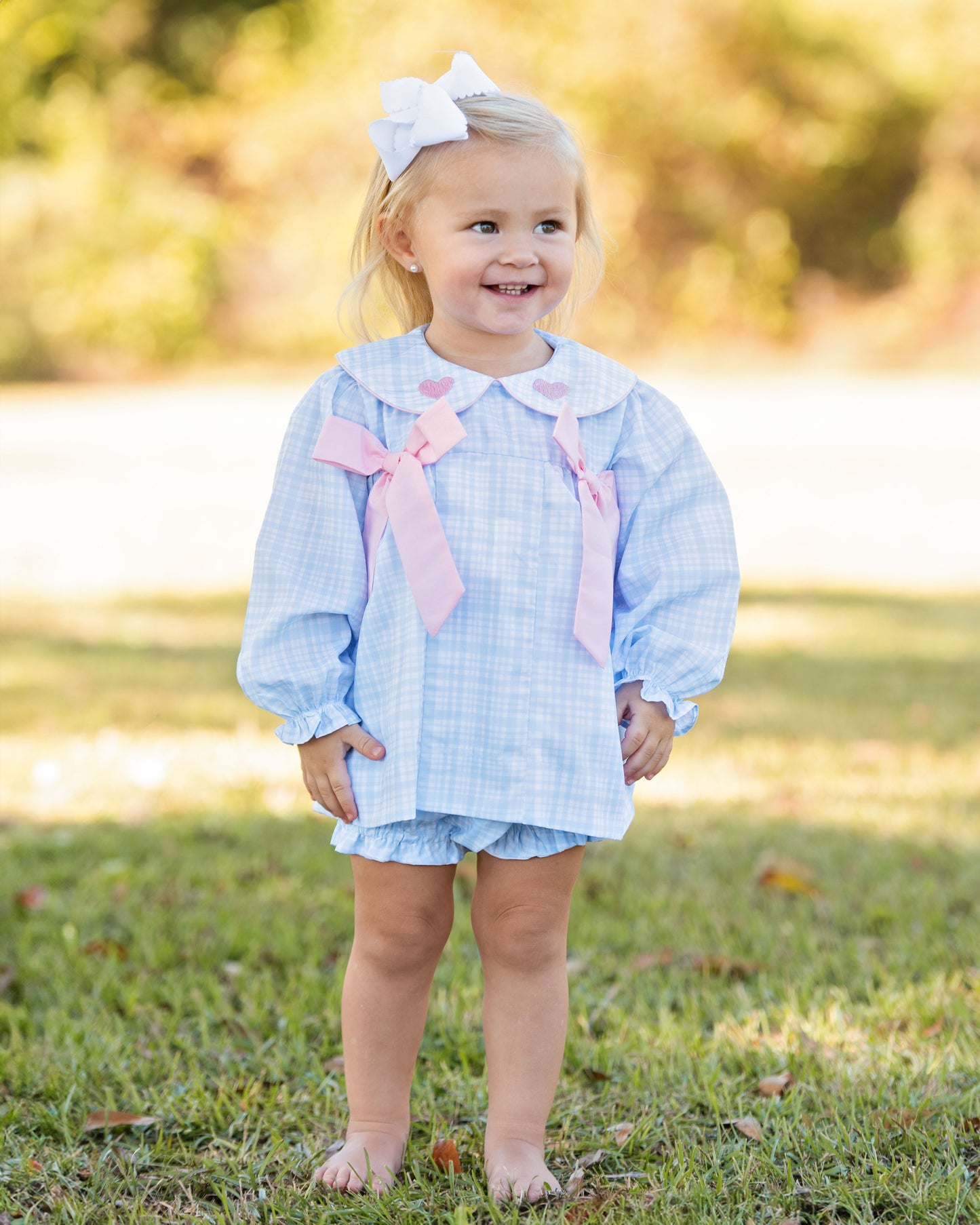 Blue Plaid Bow And Hearts Diaper Set