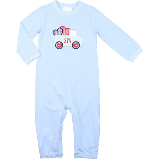 Blue Knit Applique Valentine Truck Long Romper