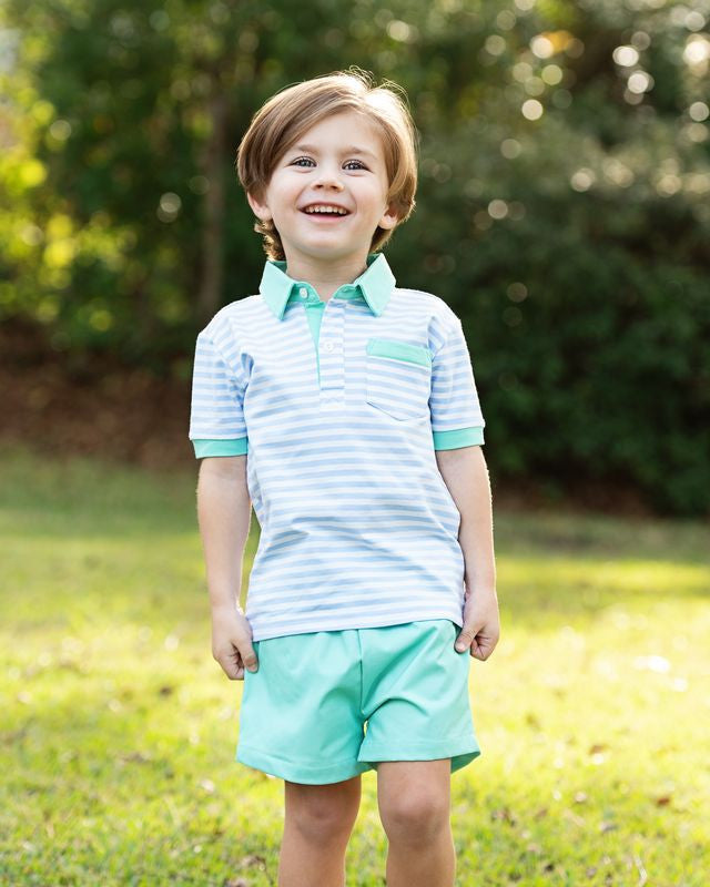 Mint And Blue Stripe Polo Short Set