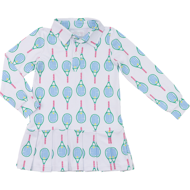 Pink And Blue Racquet Print Lycra Tennis Dress