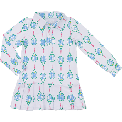 Pink And Blue Racquet Print Lycra Tennis Dress