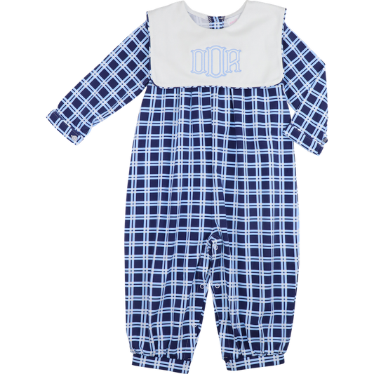 Navy And Blue Windowpane Plaid Knit Long Romper