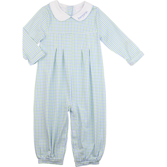 Blue And Green Windowpane Knit Long Romper