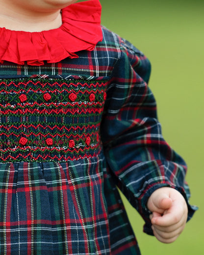 Navy And Red Plaid Smocked Long Bubble