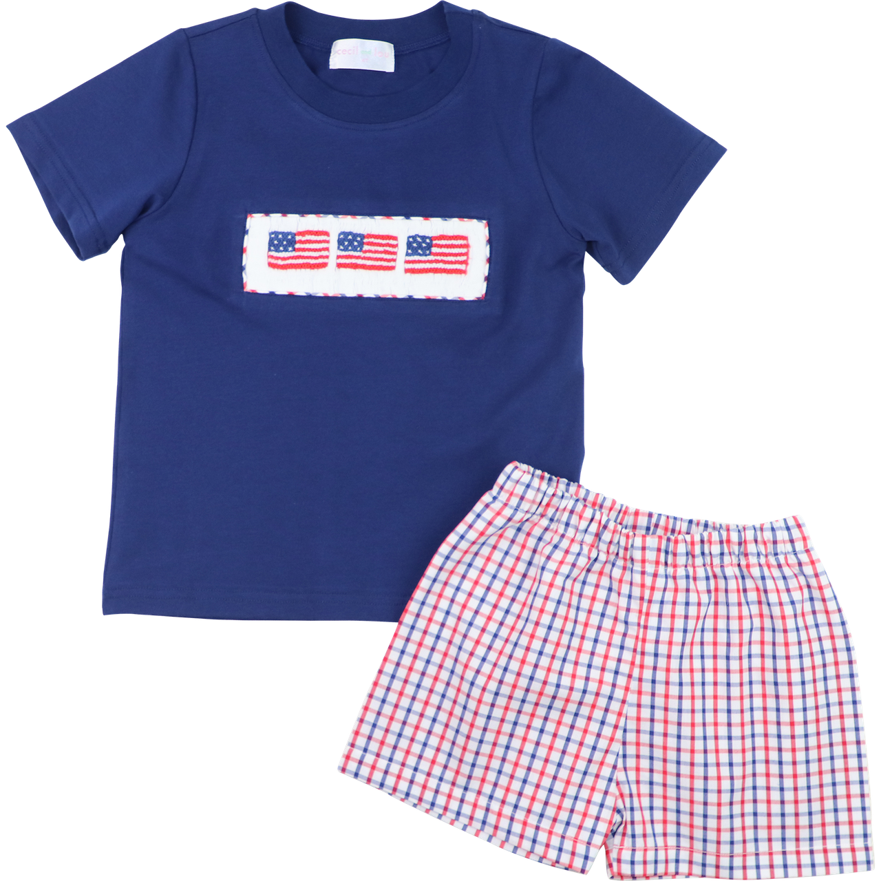 Navy Smocked Flags Windowpane Short Set