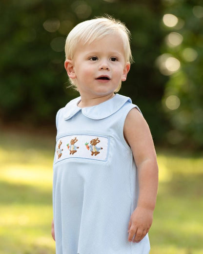 Blue Gingham Knit Smocked Bunnies And Carrot Bubble