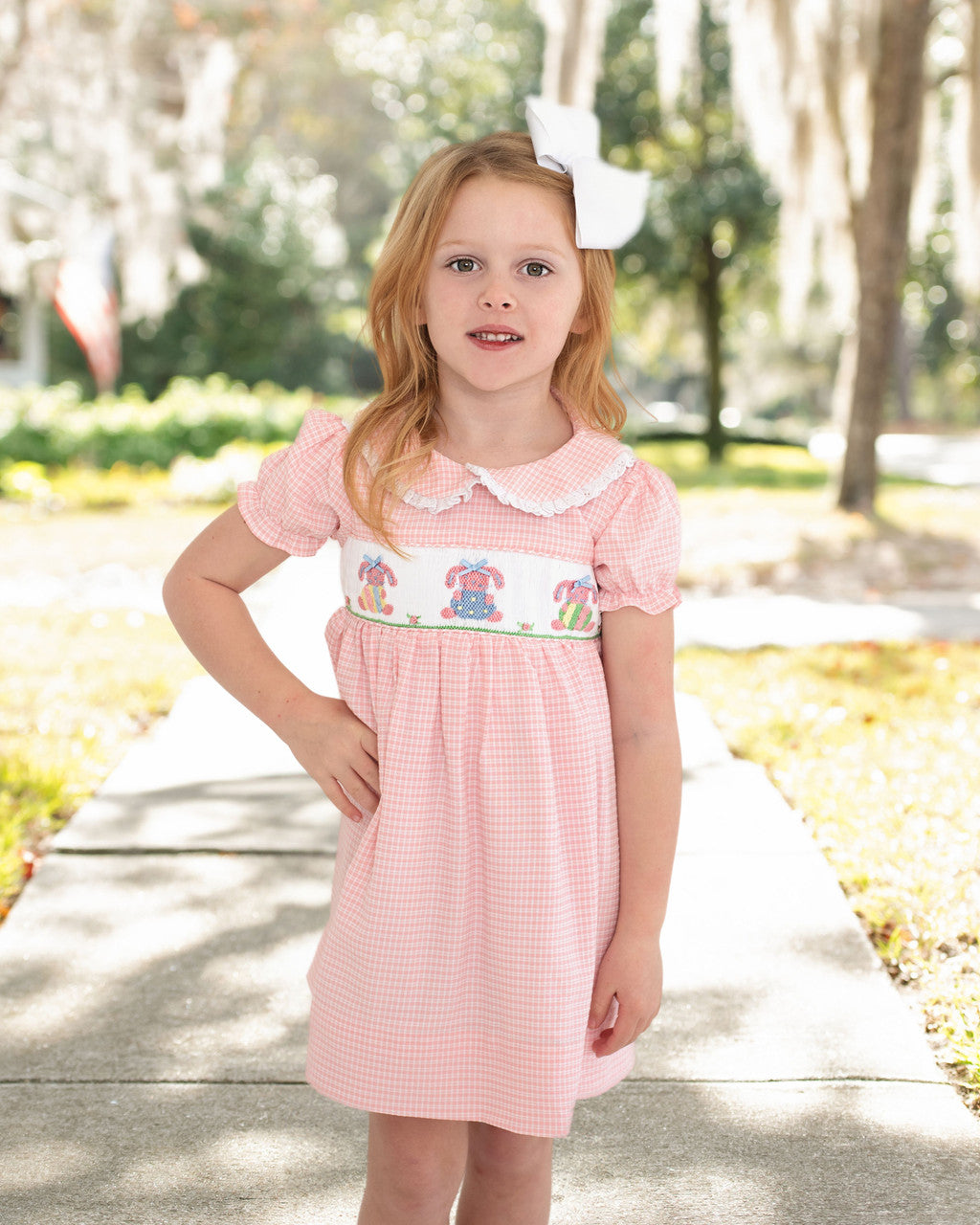 Pink Gingham Seersucker Smocked Easter Bunny Dress