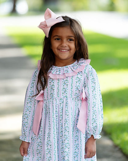 Pink And Green Floral Vines Bow Dress