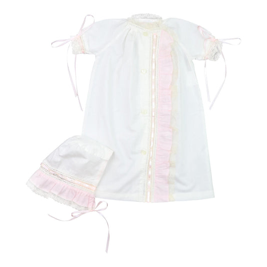 Ivory And Pink Lace Baby Gown And Bonnet  Smocked Threads