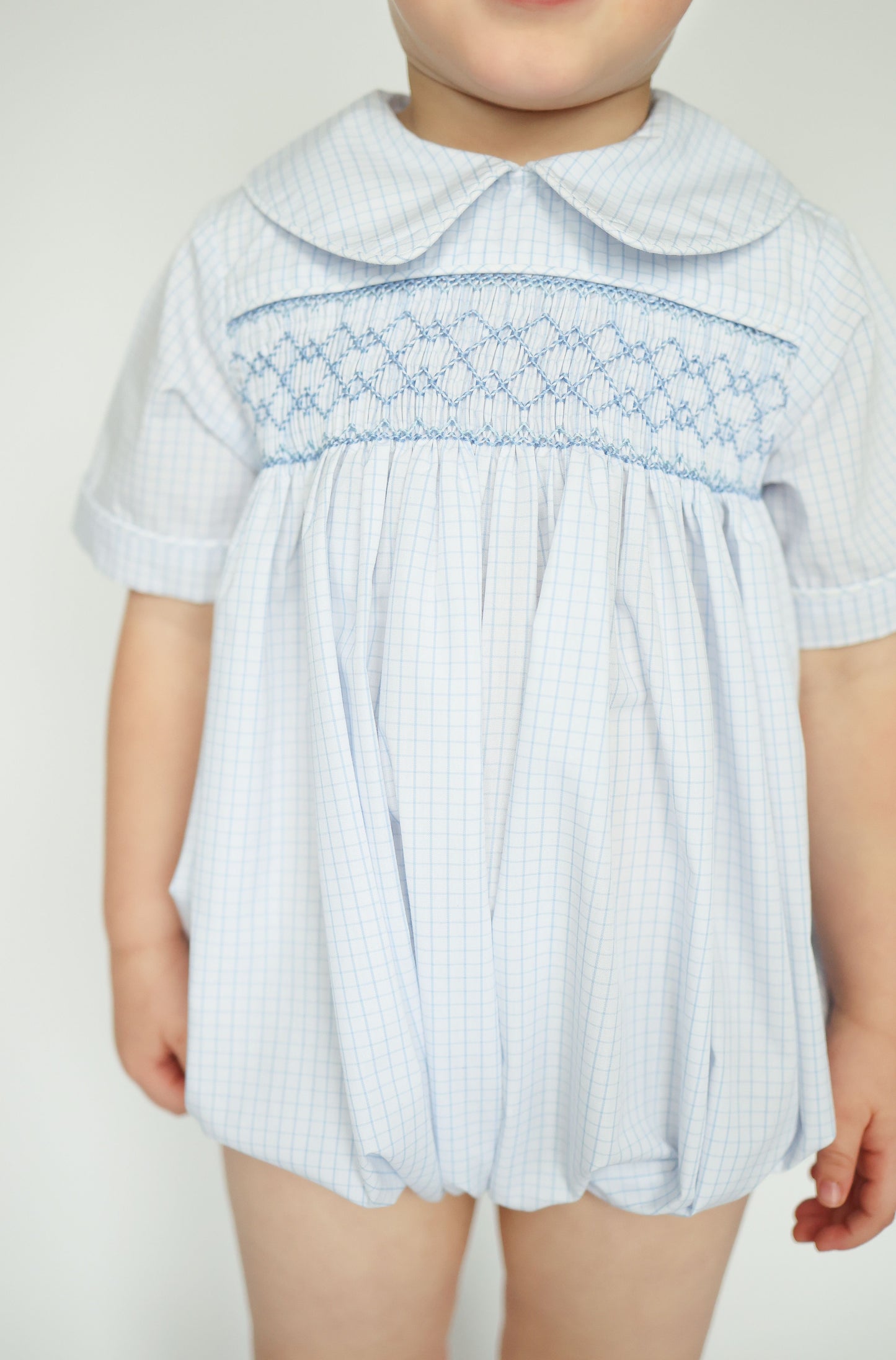 Blue Windowpane Geometric Smocked Bubble