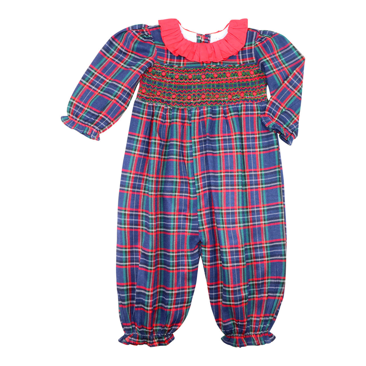 Navy And Red Plaid Smocked Long Bubble