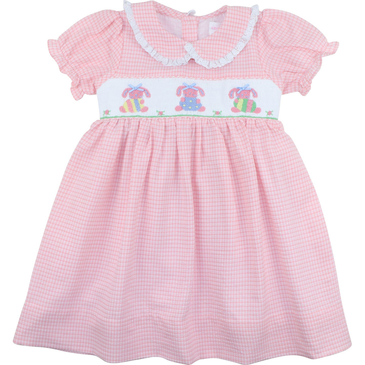 Pink Gingham Seersucker Smocked Easter Bunny Dress