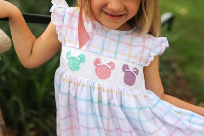 Pastel Windowpane Check Smocked Mouse Ears Dress