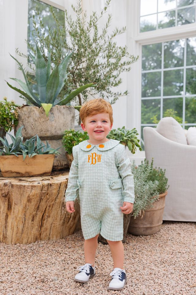 Green Plaid Embroidered Pumpkin Short Romper