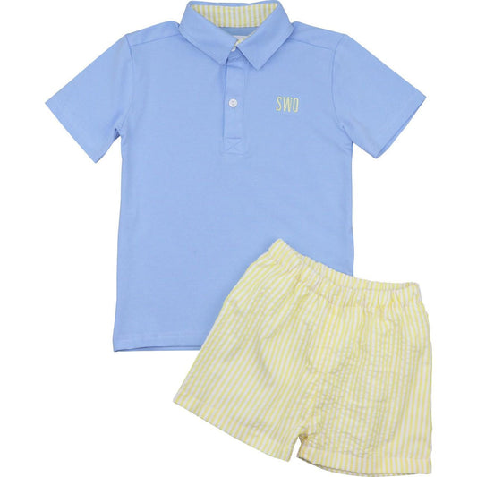 Blue And Yellow Seersucker Polo Short Set