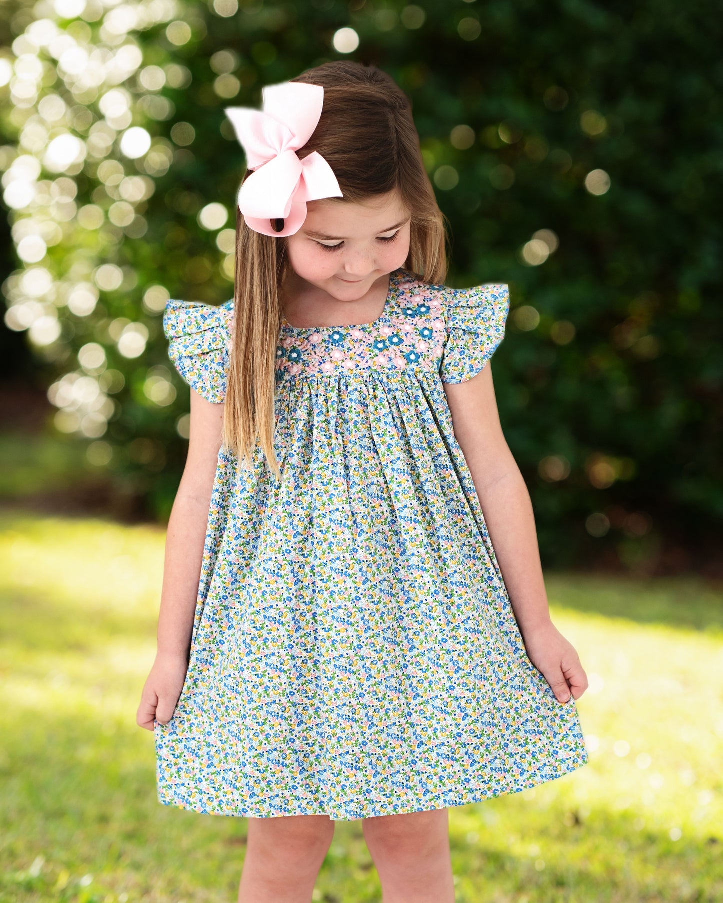 Pink And Blue Floral Embroidered Fiesta Dress