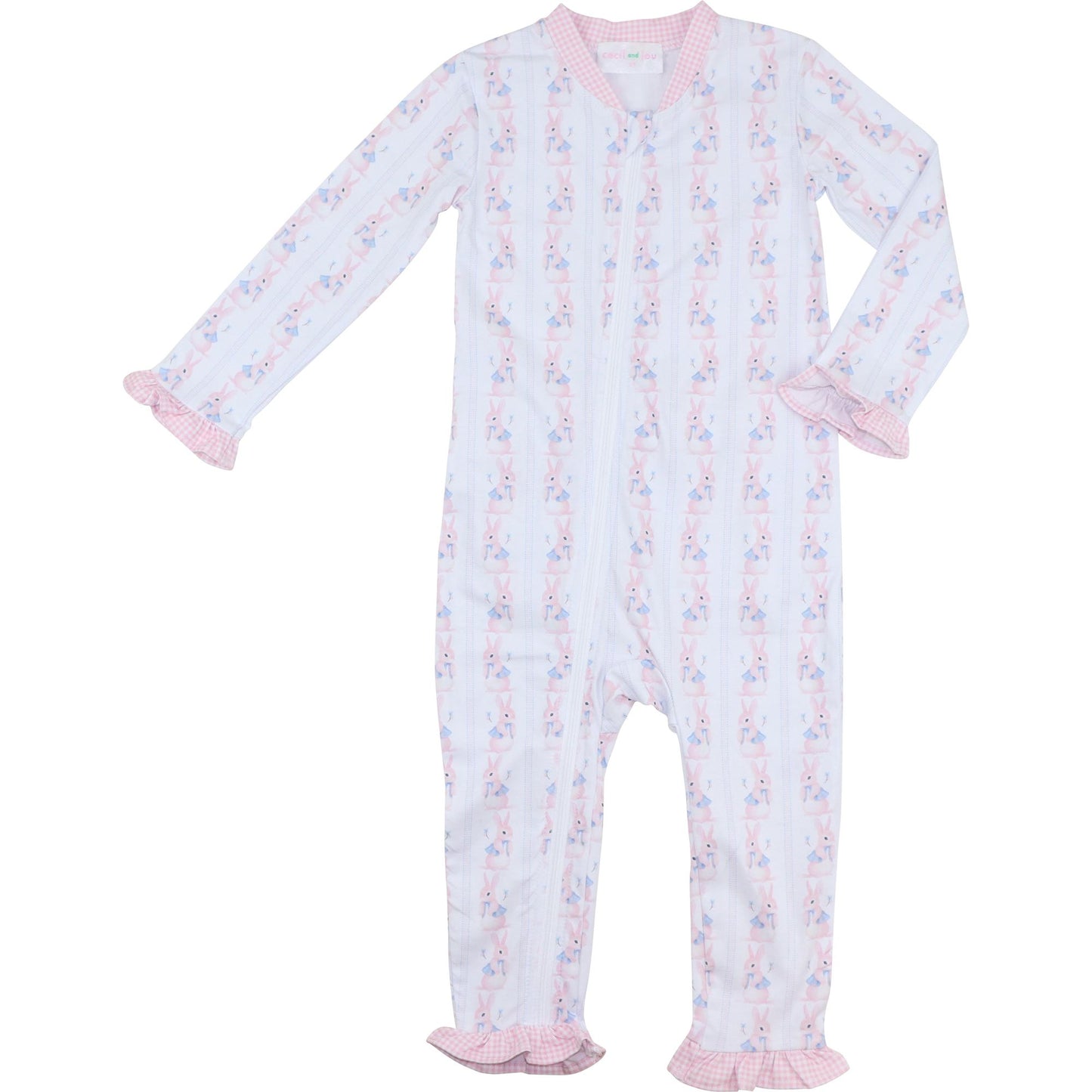 Pink And Blue Bunny Print Knit Zipper Pajamas