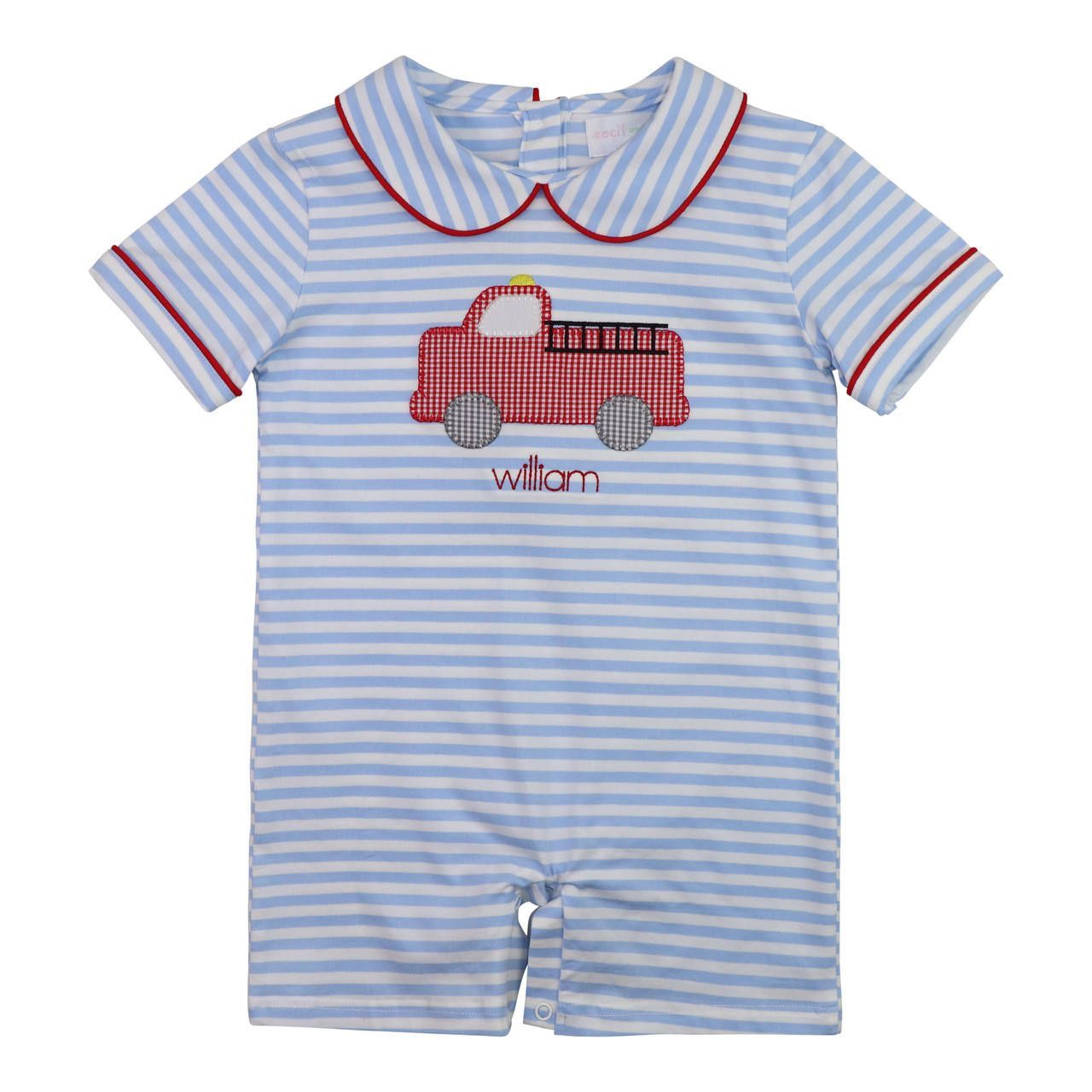 Blue Knit Striped Firetruck Short Romper