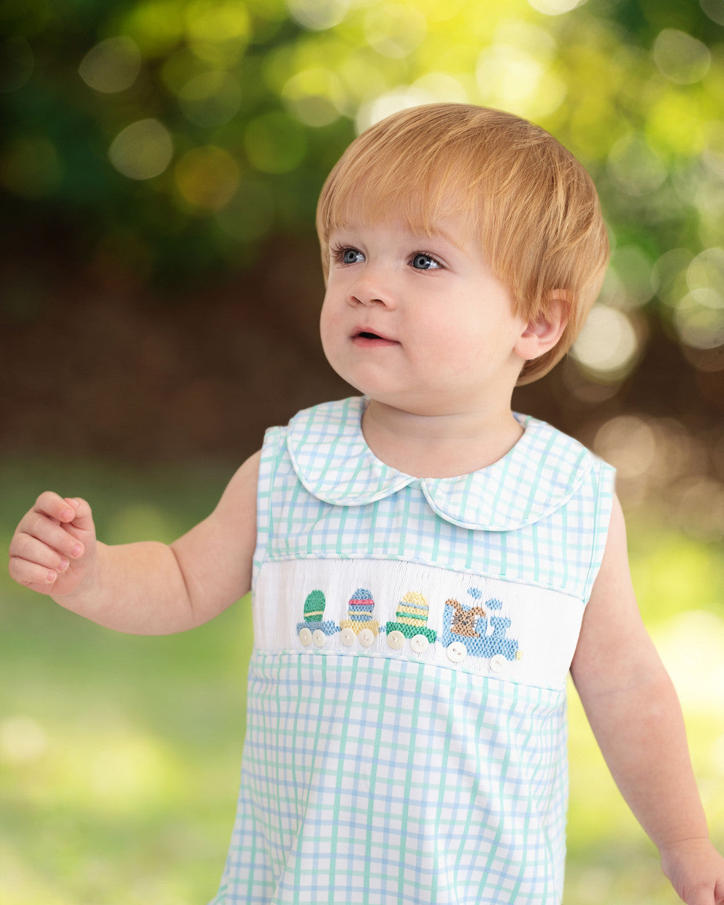 Blue And Mint Windowpane Smocked Easter Train Bubble