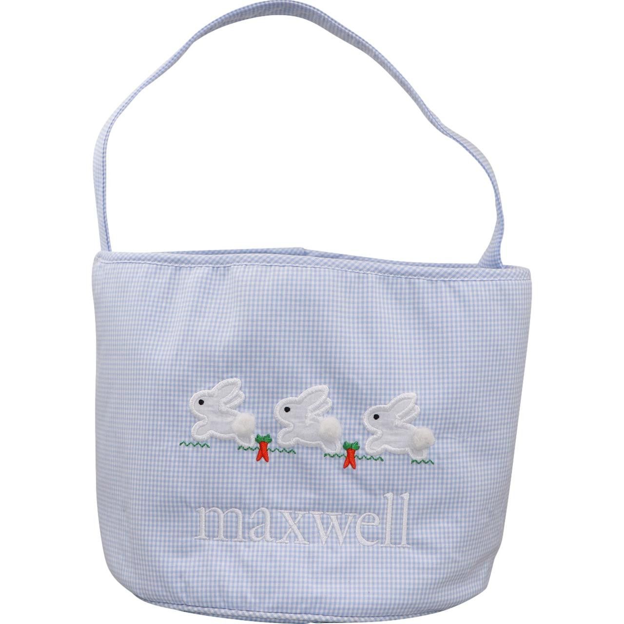 Blue Gingham Applique Bunnies Easter Basket