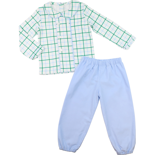 Blue And Green Windowpane Corduroy Ankle Pant Set