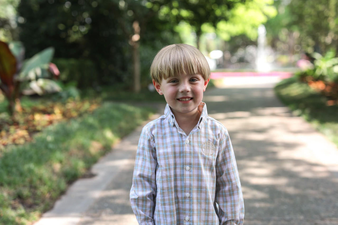 Khaki And Blue Plaid Button Down Shirt  - Shipping Early October  Monogram