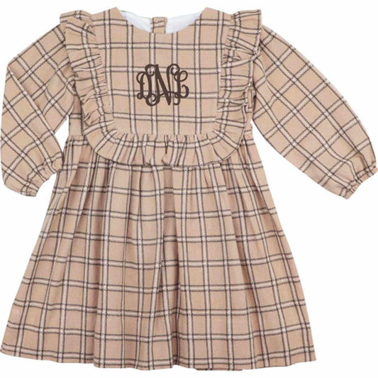 Khaki And Brown Plaid Ruffle Dress - Shipping Early October  Monogram