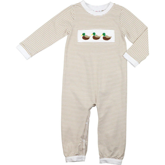 Khaki Knit Stripe Smocked Mallard Long Romper - Shipping Early October  Smocked Threads