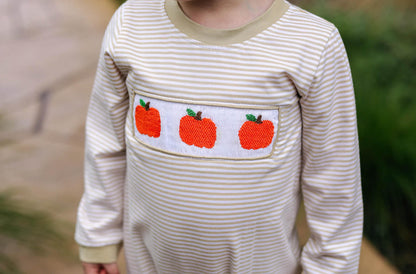 Khaki Stripe Knit Smocked Pumpkin Long Romper Smocked Threads