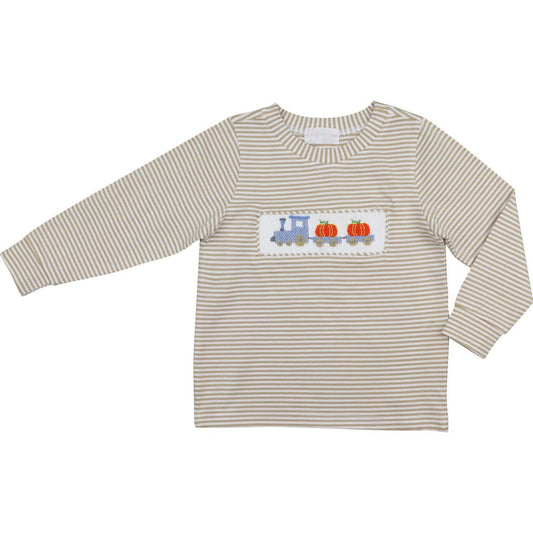 Khaki Stripe Knit Smocked Train And Pumpkin Shirt  - Shipping Mid September  Smocked Threads