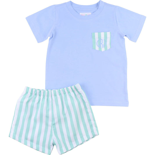 Blue And Mint Striped Short Set