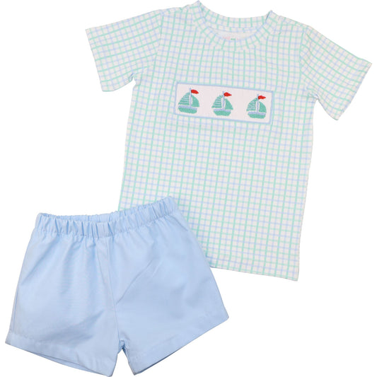 Blue And Green Windowpane Smocked Sailboats Short Set