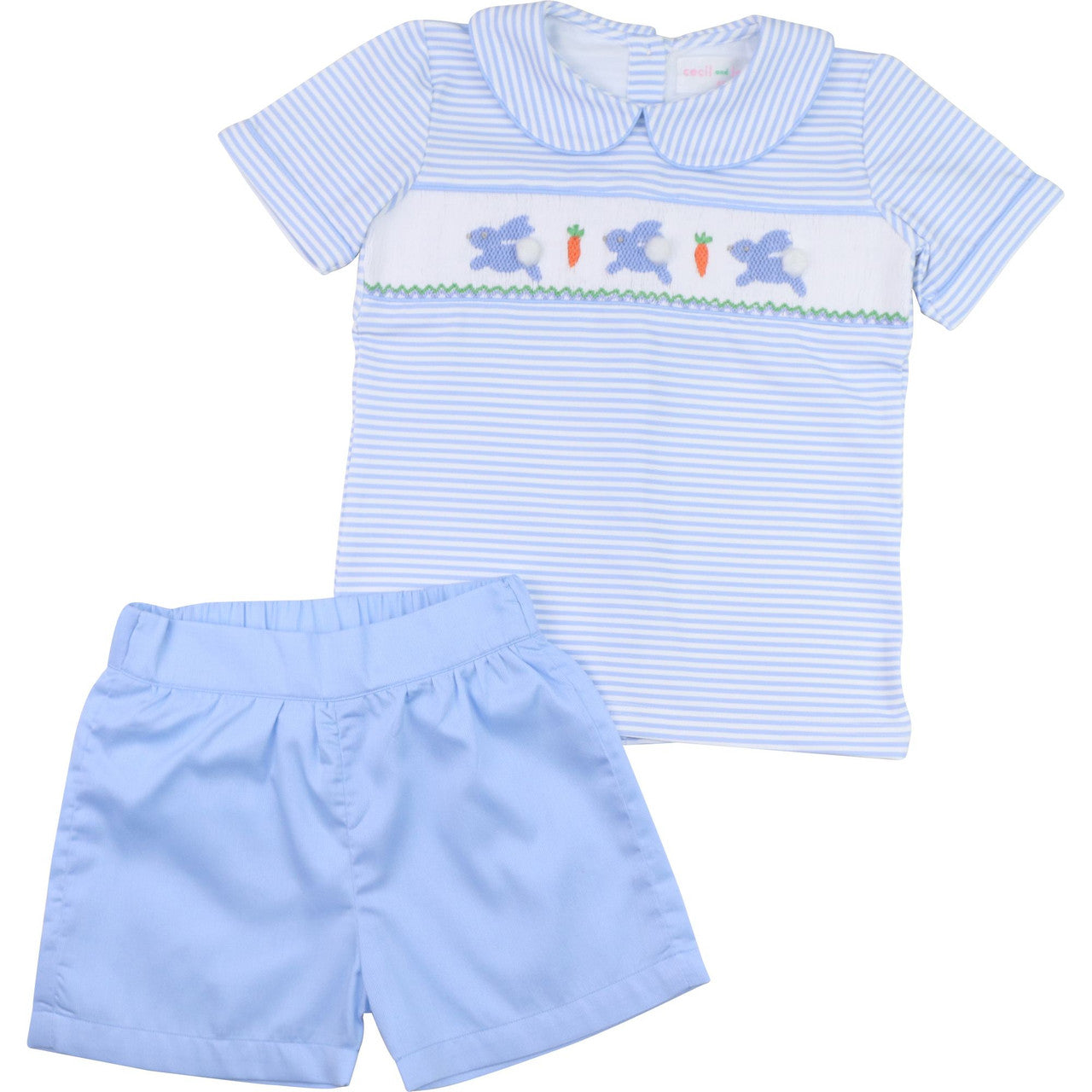 Blue Knit Stripe Smocked Bunny And Carrot Short Set