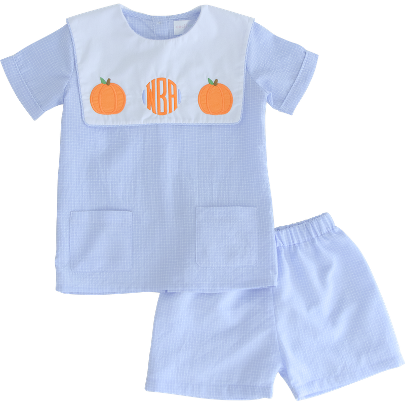 Blue Windowpane Applique Pumpkin Short Set