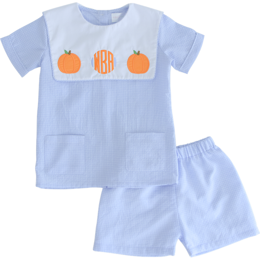 Blue Windowpane Applique Pumpkin Short Set