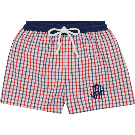 Red and Navy Windowpane Swim Trunks