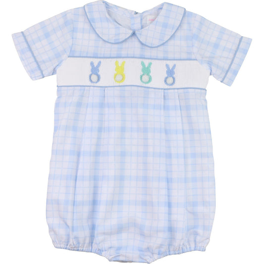 Blue Plaid Smocked Bunnies Bubble