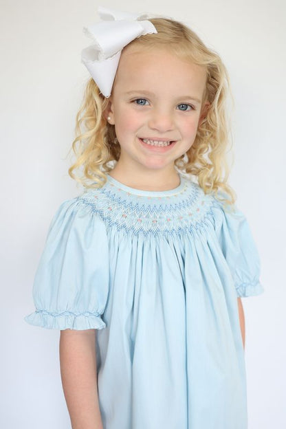 Blue Smocked Puff Sleeve Dress