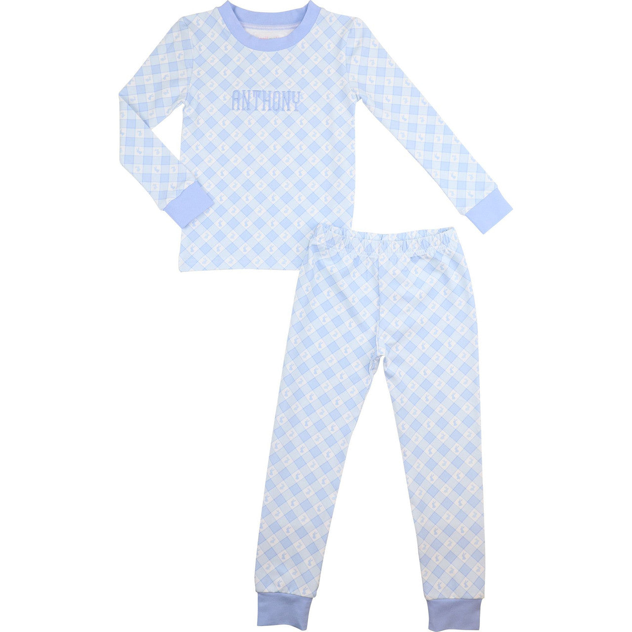 Blue Check Bunny And Bow Knit Pajamas