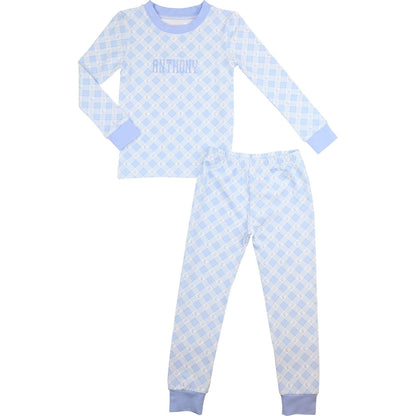 Blue Check Bunny And Bow Knit Pajamas