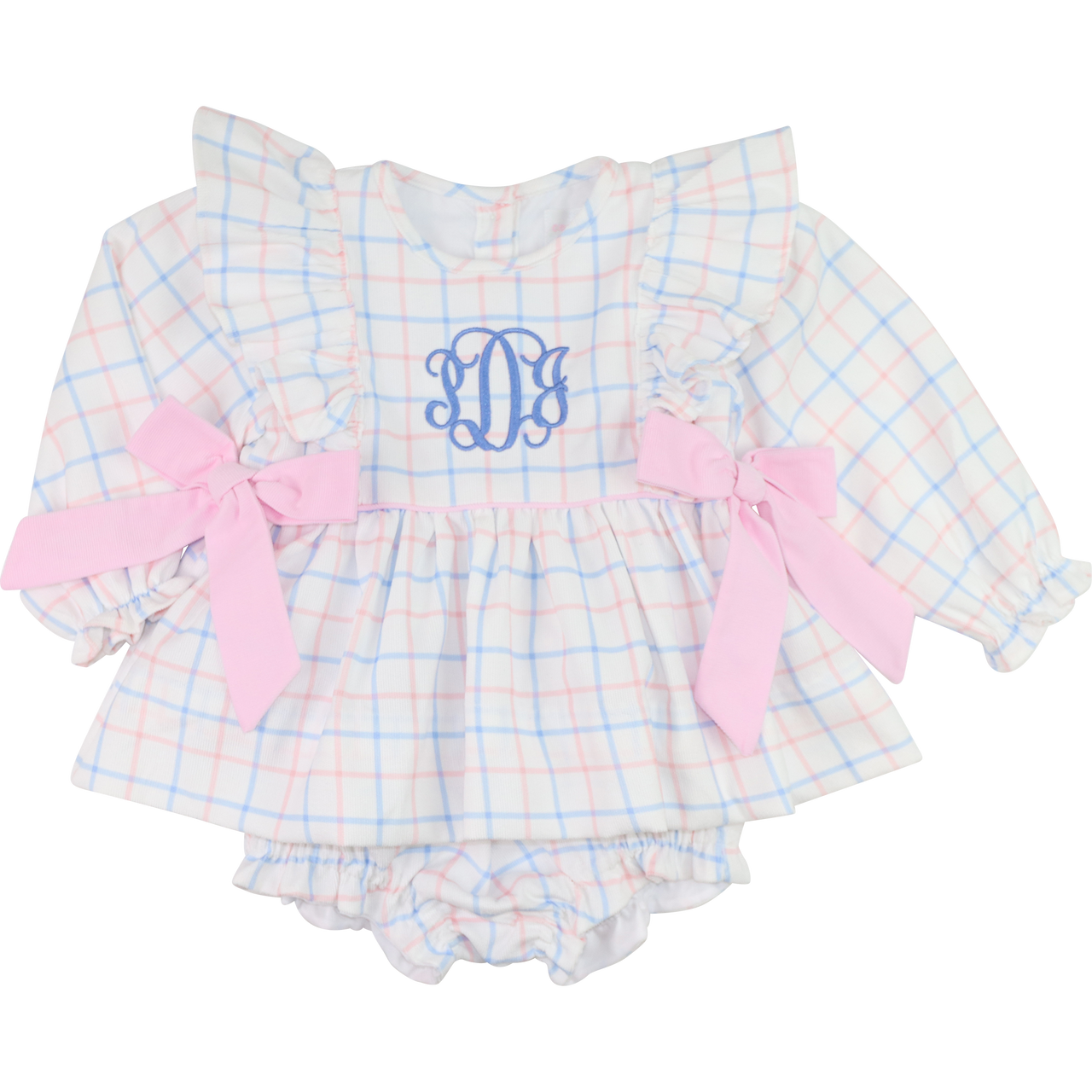 Pink And Blue Windowpane Corduroy Bow Diaper Set