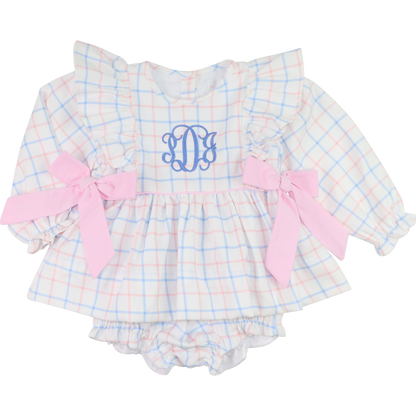 Pink And Blue Windowpane Corduroy Bow Diaper Set