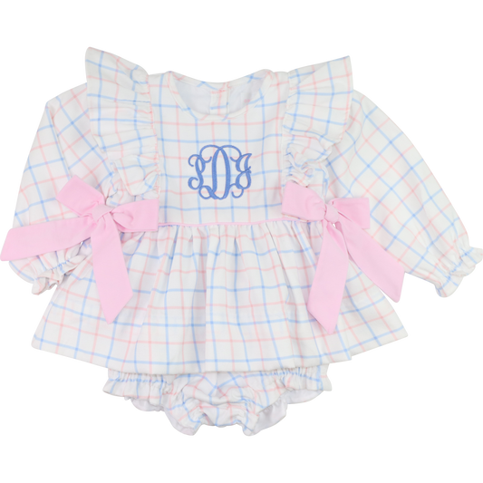 Pink And Blue Windowpane Corduroy Bow Diaper Set